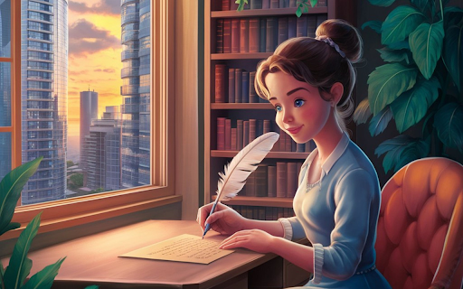 The feather pen and the young girl  from Chrome web store to be run with OffiDocs Chromium online
