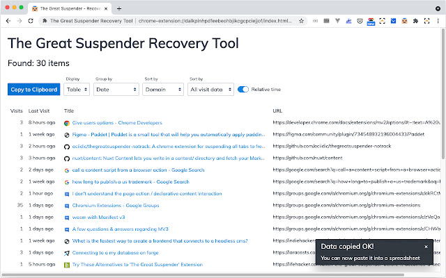 The Great Suspender Recovery Tool  from Chrome web store to be run with OffiDocs Chromium online