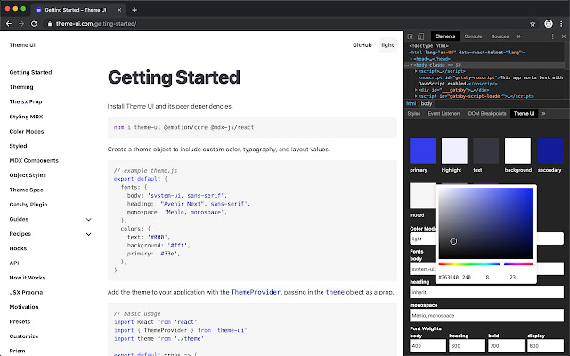 Theme UI Devtools  from Chrome web store to be run with OffiDocs Chromium online
