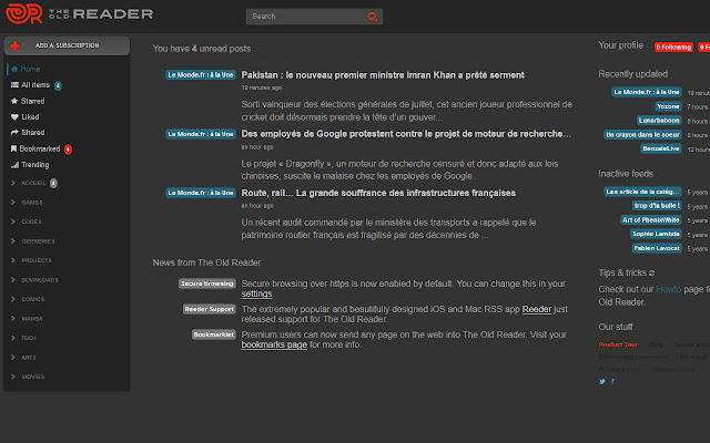 The Old Reader Dark  from Chrome web store to be run with OffiDocs Chromium online