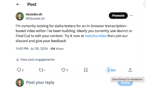 thread to markdown  from Chrome web store to be run with OffiDocs Chromium online