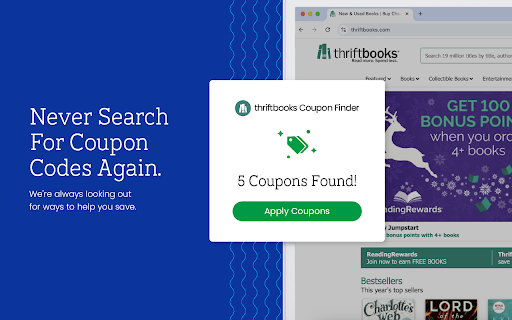 Thriftbooks Coupon Finder Latest Coupons  Best Deals  from Chrome web store to be run with OffiDocs Chromium online