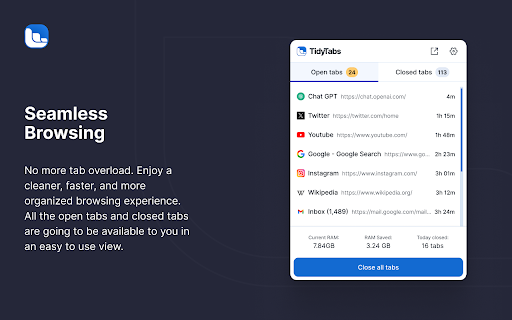 Tidy Tabs  from Chrome web store to be run with OffiDocs Chromium online