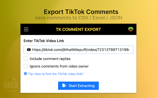 TikComments Export TikTok Comments  from Chrome web store to be run with OffiDocs Chromium online