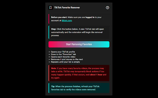 TikTok All Favorite Videos Remover  from Chrome web store to be run with OffiDocs Chromium online