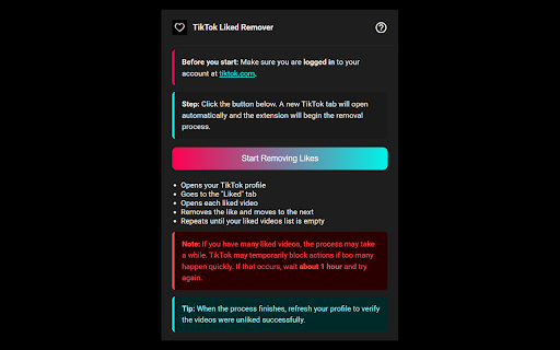 TikTok All Liked Videos Remover  from Chrome web store to be run with OffiDocs Chromium online