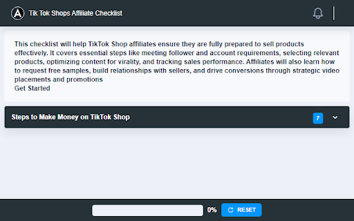 Tik Tok Shops Affiliate Checklist  from Chrome web store to be run with OffiDocs Chromium online