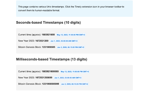 Timely Epoch Converter / Unix Timestamps  from Chrome web store to be run with OffiDocs Chromium online