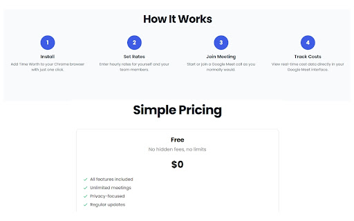 TimeWorth: Google Meet Cost Calculator  from Chrome web store to be run with OffiDocs Chromium online