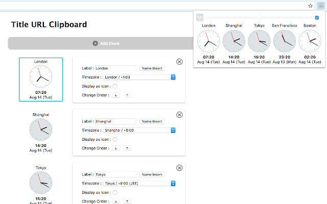 Timezone Clocks  from Chrome web store to be run with OffiDocs Chromium online