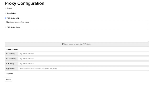 Tiny Proxy Configurator  from Chrome web store to be run with OffiDocs Chromium online