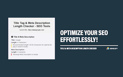 Title Tag  Meta Description Length Checker Genelify  from Chrome web store to be run with OffiDocs Chromium online