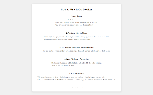 ToDo Blocker  from Chrome web store to be run with OffiDocs Chromium online