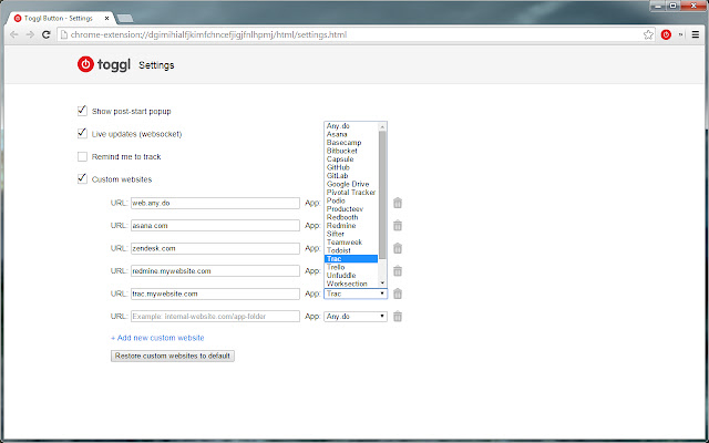 Toggl Button for Custom Websites  from Chrome web store to be run with OffiDocs Chromium online
