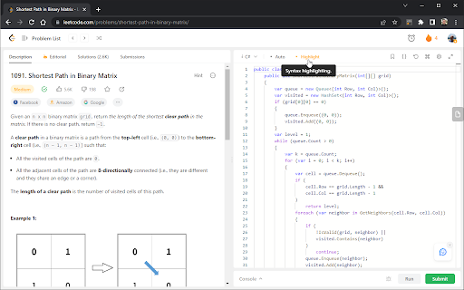 Toggle LeetCode Syntax Highlighting  from Chrome web store to be run with OffiDocs Chromium online