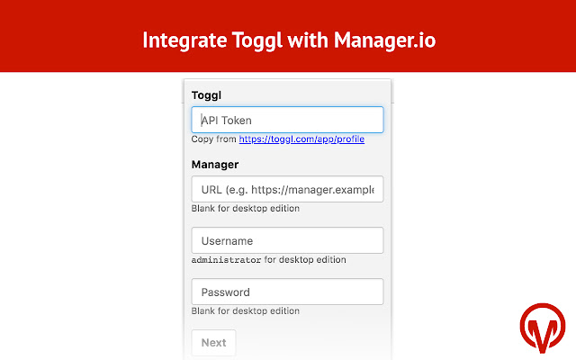 Toggl To Manager.io  from Chrome web store to be run with OffiDocs Chromium online