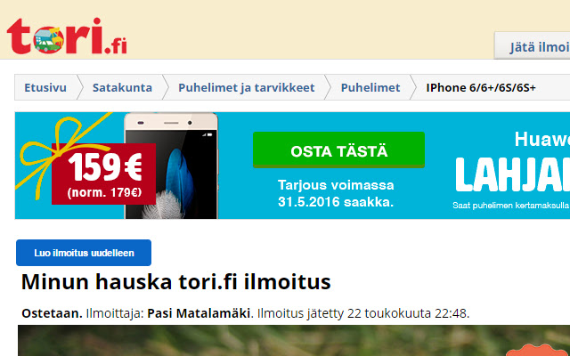 Tori.fi laajennus  from Chrome web store to be run with OffiDocs Chromium online