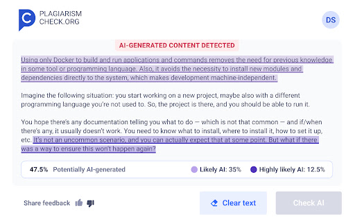 Trace GPT AI Detector by PlagiarismCheck.org  from Chrome web store to be run with OffiDocs Chromium online