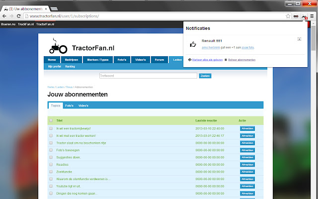 TractorFan Notificaties  from Chrome web store to be run with OffiDocs Chromium online