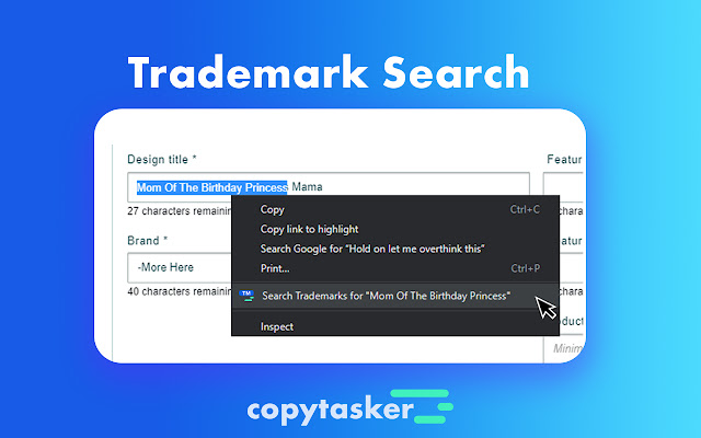 Trademark search Print on Demand Copytasker  from Chrome web store to be run with OffiDocs Chromium online