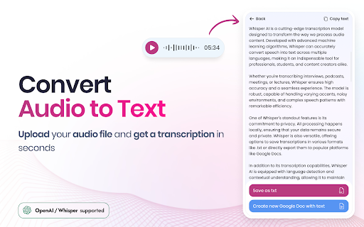 Transcribe Audio to Text  from Chrome web store to be run with OffiDocs Chromium online