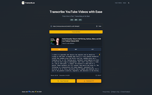 Transcrib.ee Transcribe YouTube videos with ease.  from Chrome web store to be run with OffiDocs Chromium online