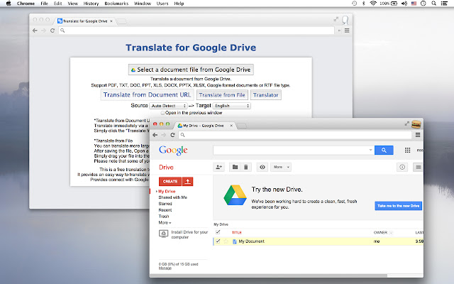 Translate for Drive  from Chrome web store to be run with OffiDocs Chromium online