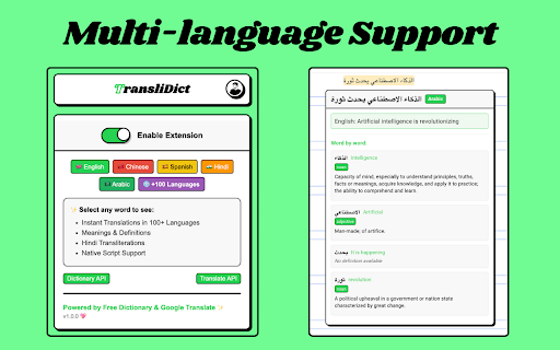 TransliDict Instant Word Lookup  Translation  from Chrome web store to be run with OffiDocs Chromium online