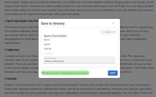 Travel Mapper: Save travel plans to Google Sheets  from Chrome web store to be run with OffiDocs Chromium online