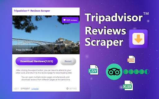 Tripadvisor® Reviews Scraper scraper.plus  from Chrome web store to be run with OffiDocs Chromium online
