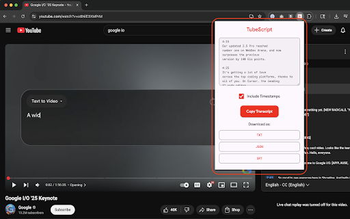 TubeScript  from Chrome web store to be run with OffiDocs Chromium online