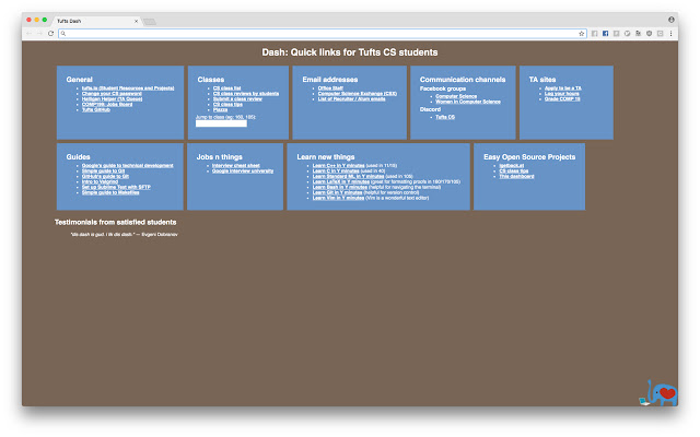 Tufts CS Dash  from Chrome web store to be run with OffiDocs Chromium online