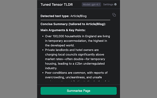 Tuned Tensor TLDR  from Chrome web store to be run with OffiDocs Chromium online