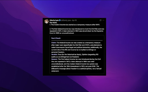 Tweet Fact Checker  from Chrome web store to be run with OffiDocs Chromium online