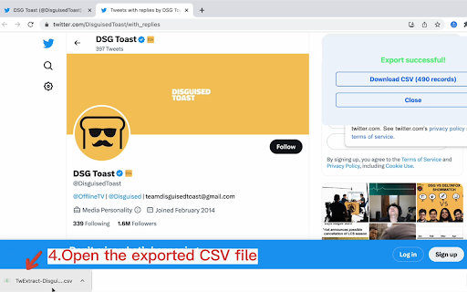 TwExtract export anyones tweets to CSV  from Chrome web store to be run with OffiDocs Chromium online