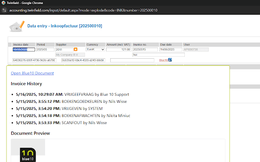 Twinfield Blue10 invoice extension  from Chrome web store to be run with OffiDocs Chromium online
