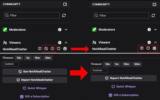 Twitch Addon: Remove chat log ban buttons  from Chrome web store to be run with OffiDocs Chromium online