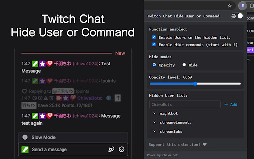 Twitch Chat Hide User or Command  from Chrome web store to be run with OffiDocs Chromium online