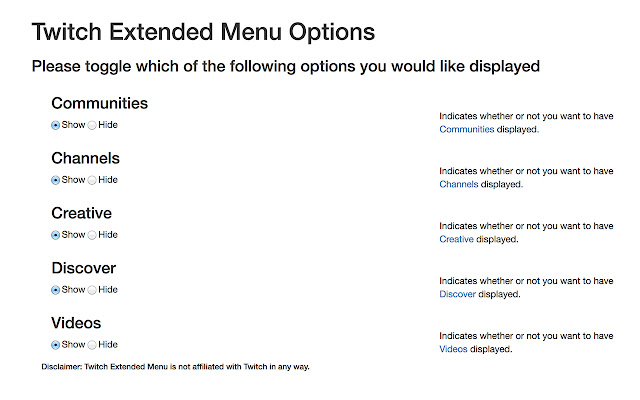 Twitch Extended Menu  from Chrome web store to be run with OffiDocs Chromium online