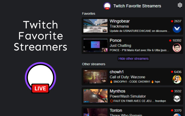 Twitch Favorite Streamers  from Chrome web store to be run with OffiDocs Chromium online