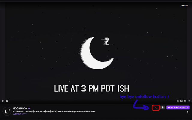 Twitch No Unfollow  from Chrome web store to be run with OffiDocs Chromium online