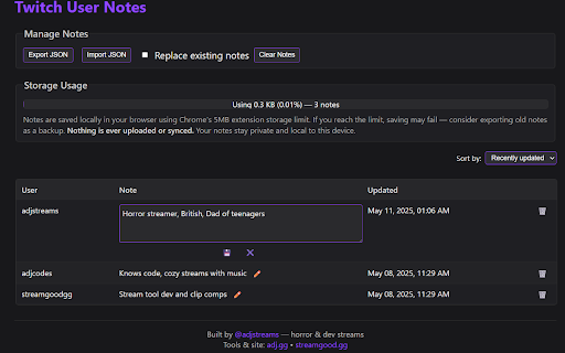 Twitch User Notes  from Chrome web store to be run with OffiDocs Chromium online