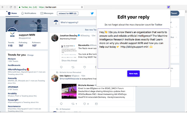 Twitter Fügen Sie Instant Reply aus dem Chrome Web Store hinzu, um mit OffiDocs Chromium online ausgeführt zu werden