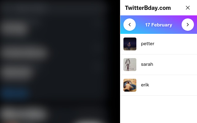 TwitterBday  from Chrome web store to be run with OffiDocs Chromium online