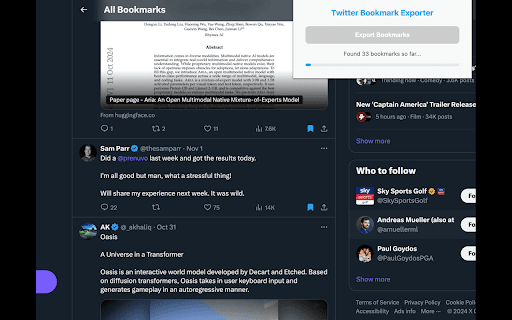 Twitter Bookmark Exporter  from Chrome web store to be run with OffiDocs Chromium online