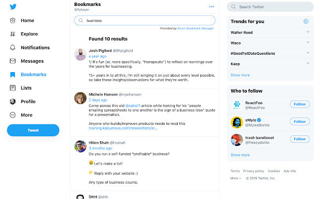 Twitter Bookmarks Search  from Chrome web store to be run with OffiDocs Chromium online