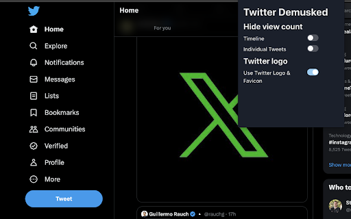 Twitter demusked: Remove analytics view count  from Chrome web store to be run with OffiDocs Chromium online
