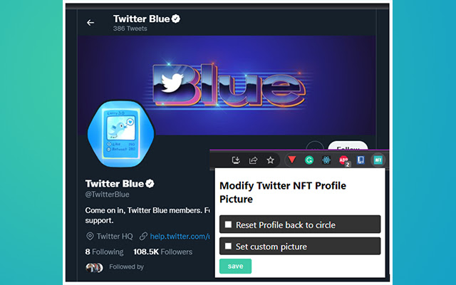 Twitter NFT Profile Picture Modifier/Remover  from Chrome web store to be run with OffiDocs Chromium online