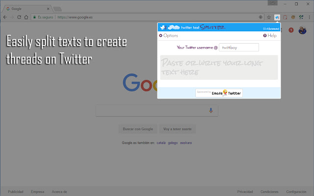 Twitter text Splitter  from Chrome web store to be run with OffiDocs Chromium online