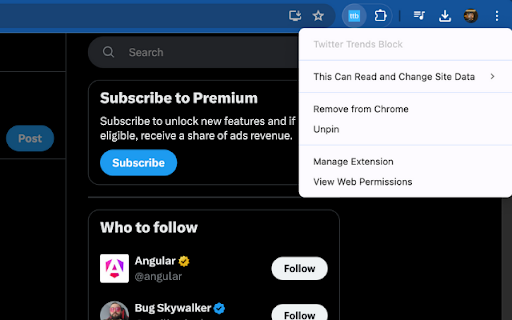 Twitter Trends Block  from Chrome web store to be run with OffiDocs Chromium online